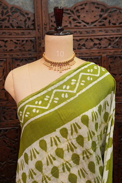 Pure Cotton Saree with Digital Block Prints – Olive Green & White