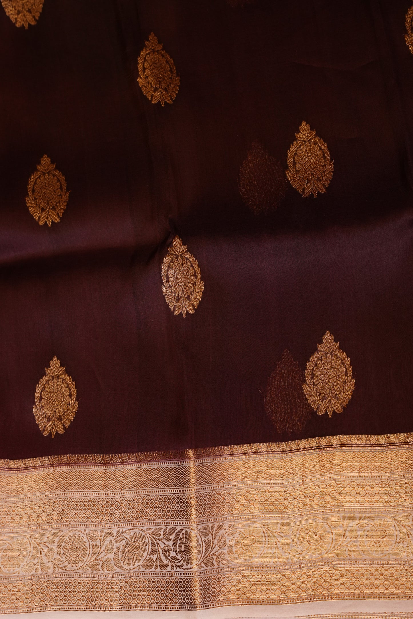 Pure Banarasi Organza (Kora) Silk Handloom Saree with Antique Gold Zari Buttas & Border – Coffee Brown with Baby Pink | Silk Mark Certified