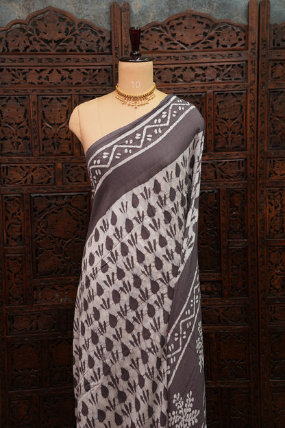 Pure Cotton Saree with Digital Block Prints – Charcoal Grey & White