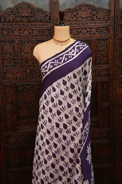 Pure Cotton Saree with Digital Block Prints – Deep Aubergine Purple & White