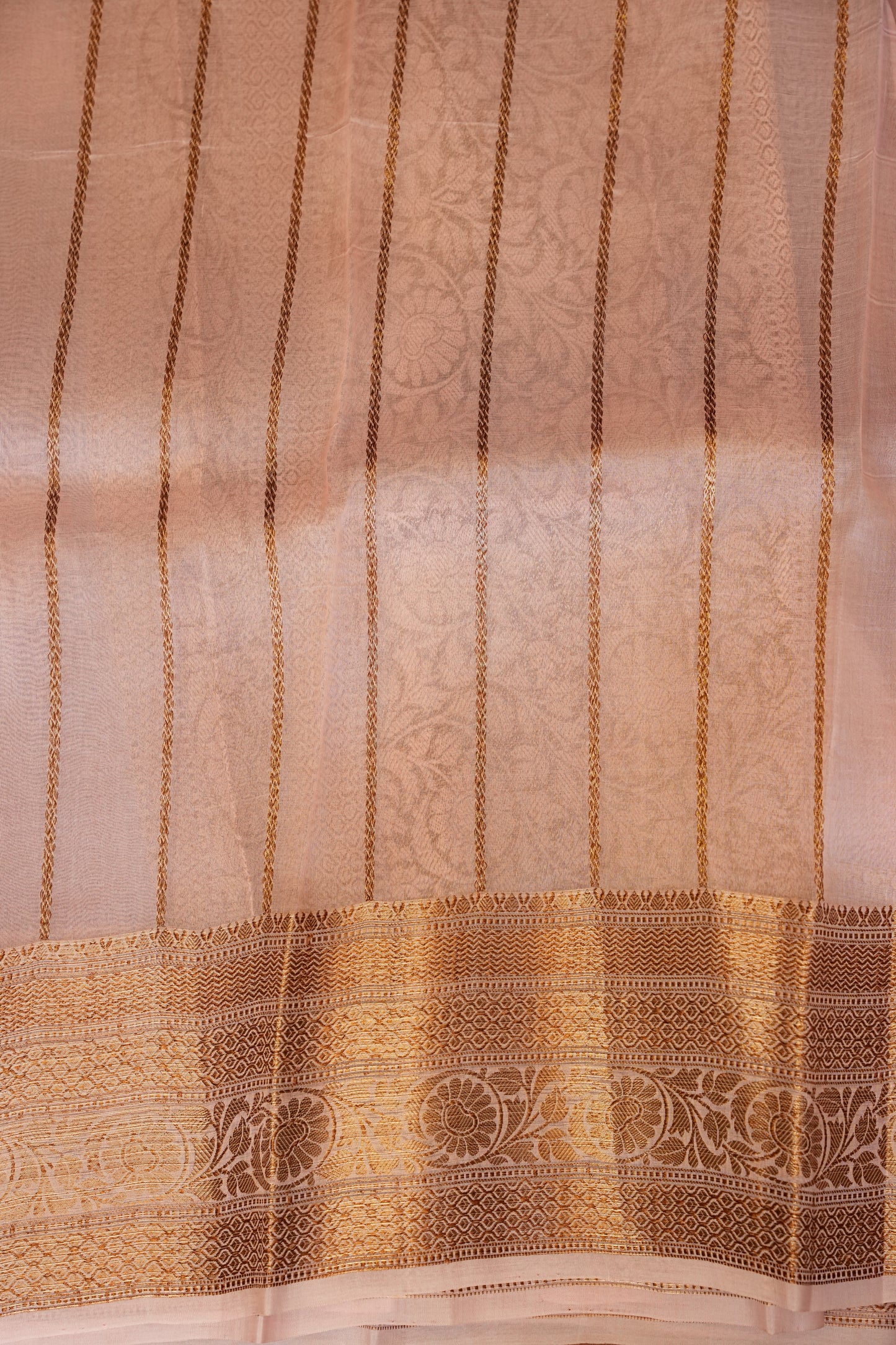 Pure Banarasi Organza (Kora) Silk Handloom Saree with Antique Gold Zari Buttas & Border – Coffee Brown with Baby Pink | Silk Mark Certified
