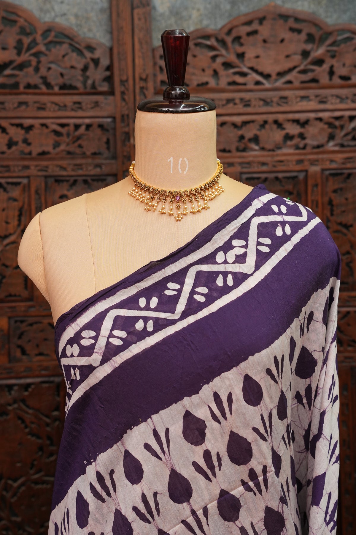 Pure Cotton Saree with Digital Block Prints – Deep Aubergine Purple & White