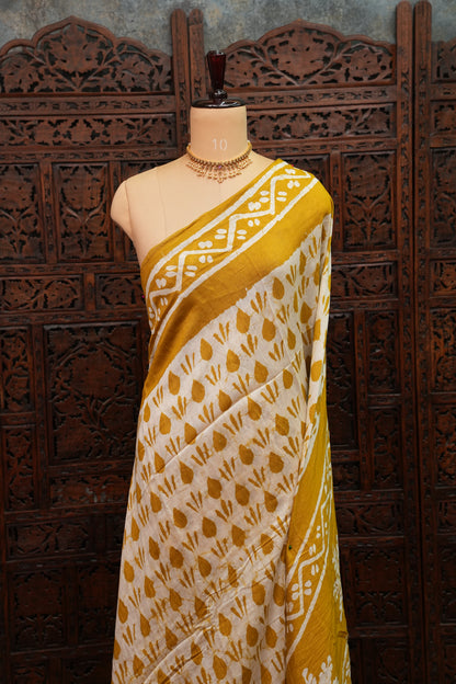 Pure Cotton Saree with Digital Block Prints – Mustard Yellow & White