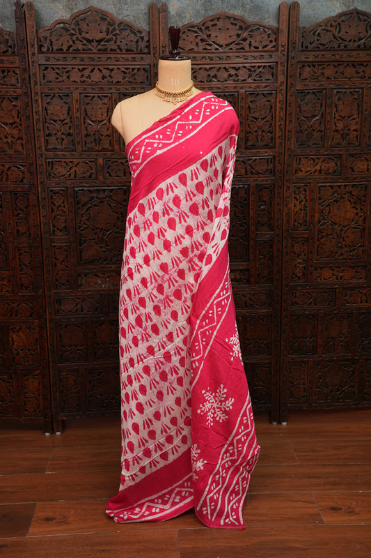 Pure Cotton Saree with Digital Block Prints – Rani Pink & White