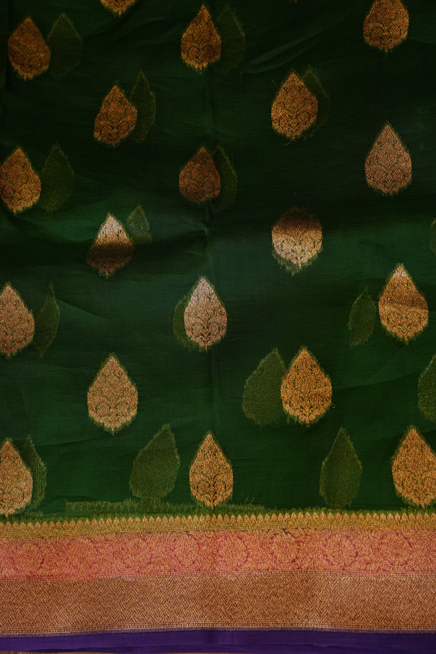 Pure Banarasi Organza(Kora) Silk Handloom Saree with Antique Zari Buttas & Border – Emerald Green with Pink & Purple | Silk Mark Certified
