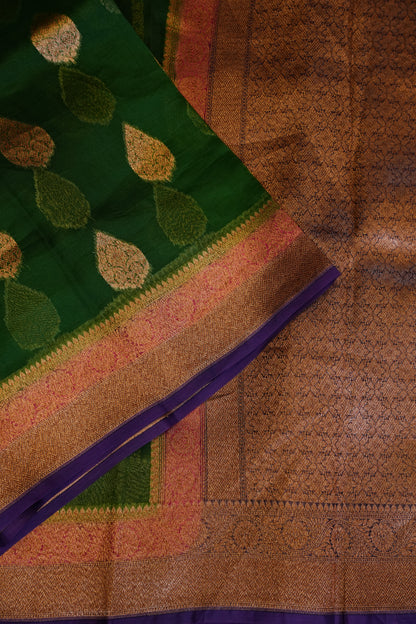 Pure Banarasi Organza(Kora) Silk Handloom Saree with Antique Zari Buttas & Border – Emerald Green with Pink & Purple | Silk Mark Certified