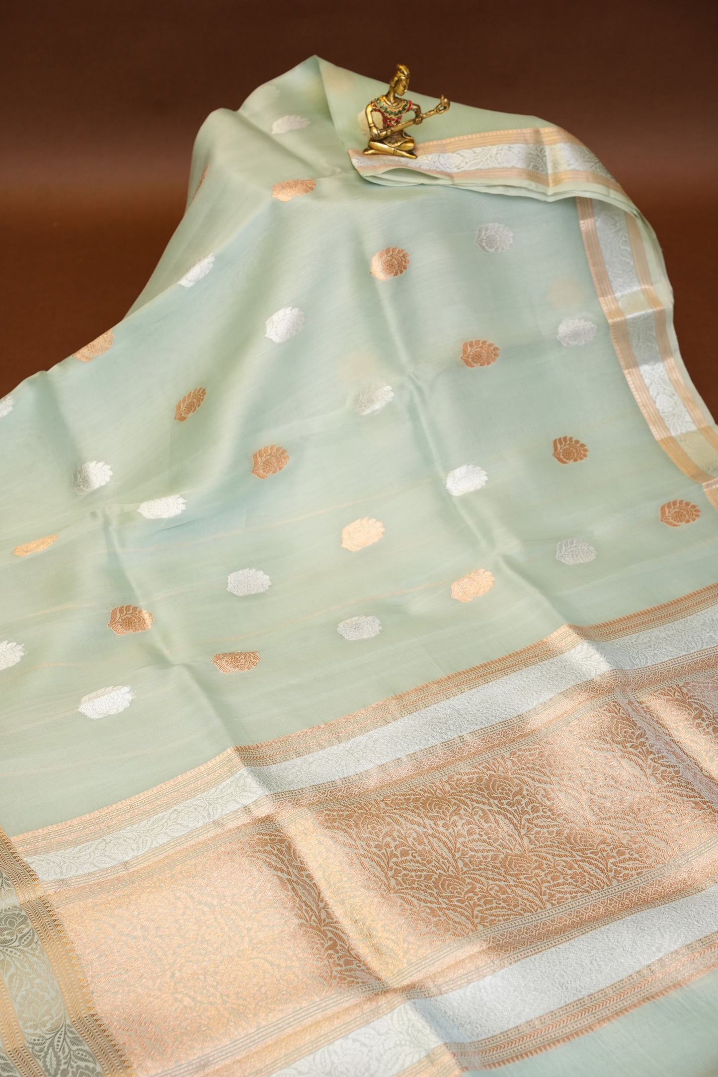 Pure Banarasi Organza(Kora) Silk Handloom Saree with Silver & Gold Zari Buttas & Border – Powder Blue | Silk Mark Certified