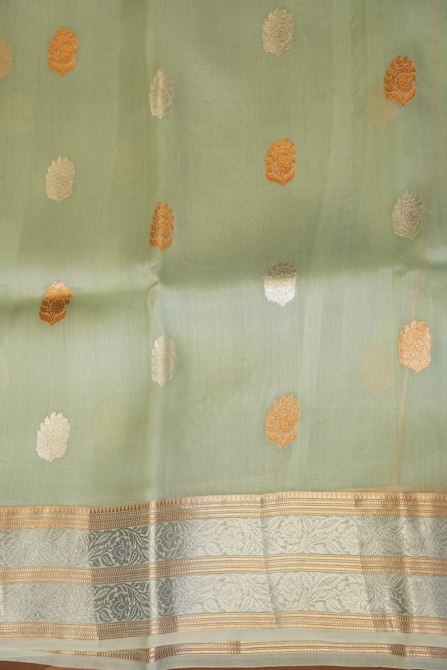 Pure Banarasi Organza(Kora) Silk Handloom Saree with Silver & Gold Zari Buttas & Border – Powder Blue | Silk Mark Certified