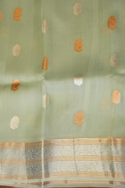 Pure Banarasi Organza(Kora) Silk Handloom Saree with Silver & Gold Zari Buttas & Border – Powder Blue | Silk Mark Certified
