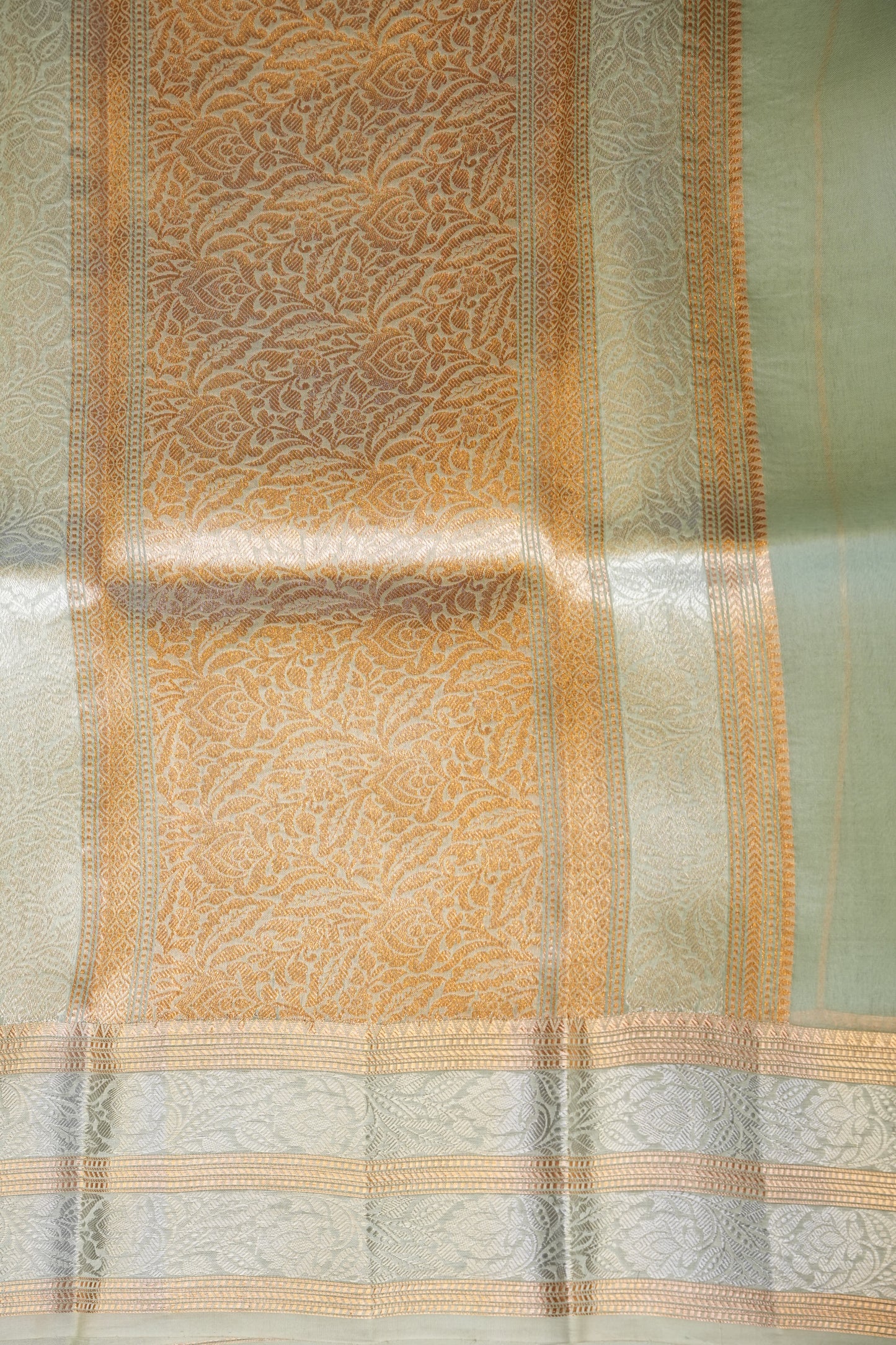 Pure Banarasi Organza(Kora) Silk Handloom Saree with Silver & Gold Zari Buttas & Border – Powder Blue | Silk Mark Certified