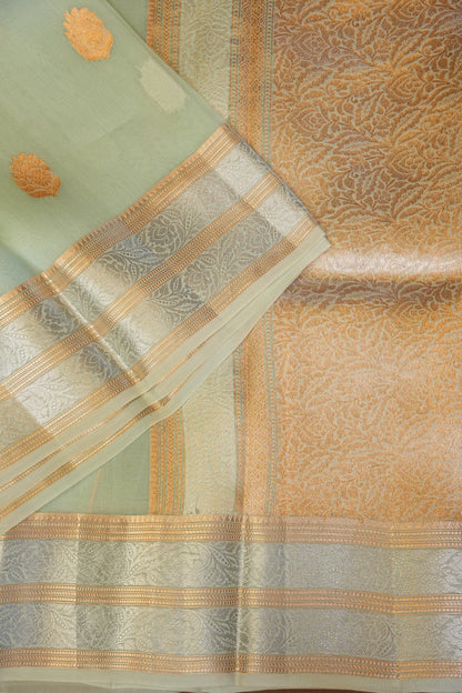 Pure Banarasi Organza(Kora) Silk Handloom Saree with Silver & Gold Zari Buttas & Border – Powder Blue | Silk Mark Certified
