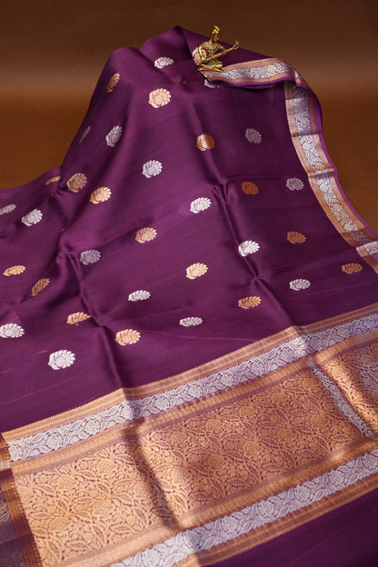 Pure Banarasi Organza(Kora) Silk Handloom Saree with Gold & Silver Zari Buttas – Burgundy | Silk Mark Certified
