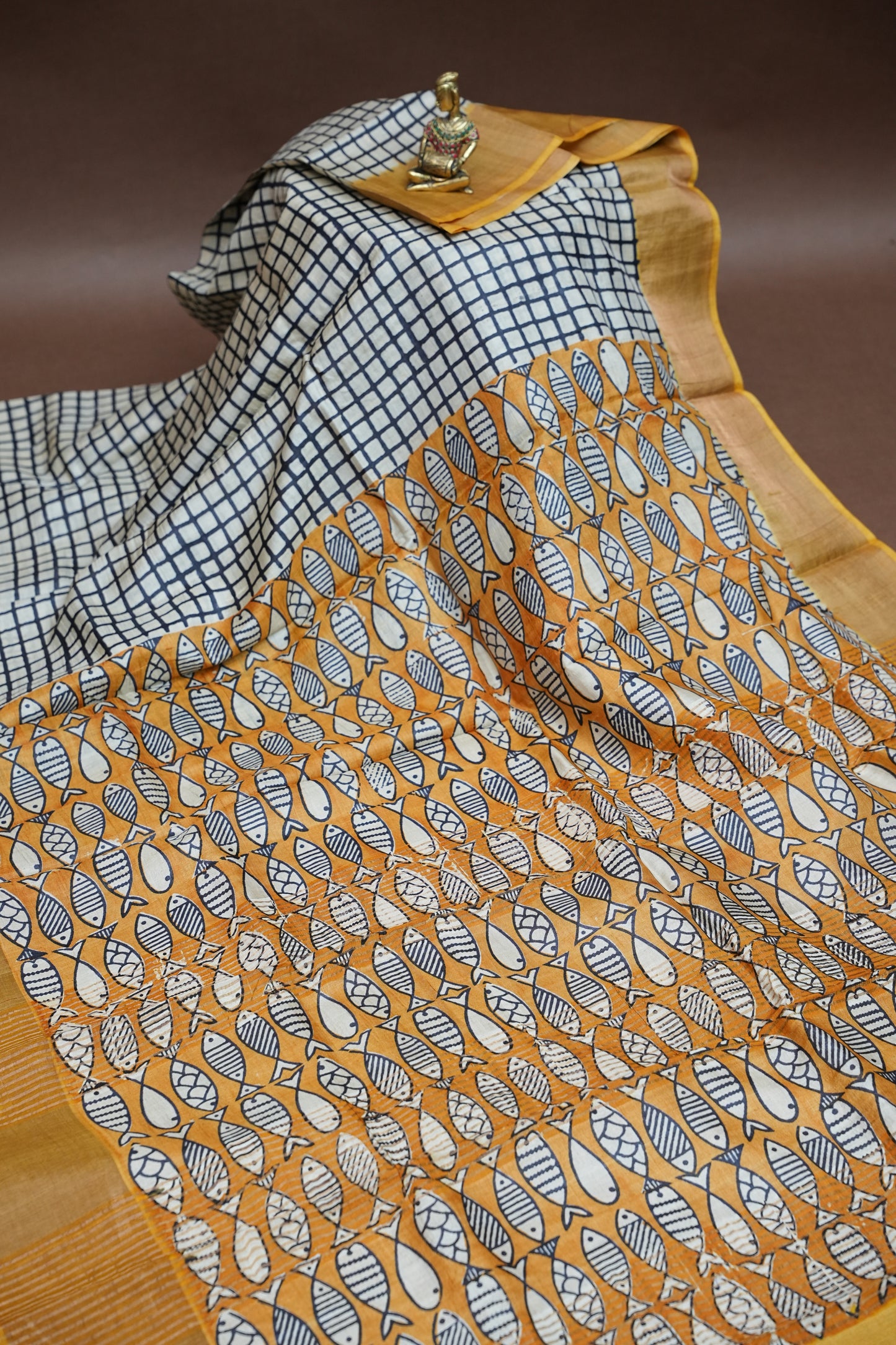 Silk Mark Certified Pure Tussar Silk Saree – Ivory Checks with Mustard Yellow Fish Motif Pallu