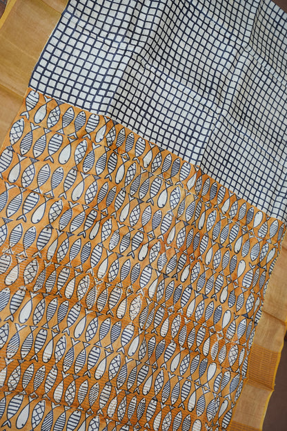 Silk Mark Certified Pure Tussar Silk Saree – Ivory Checks with Mustard Yellow Fish Motif Pallu