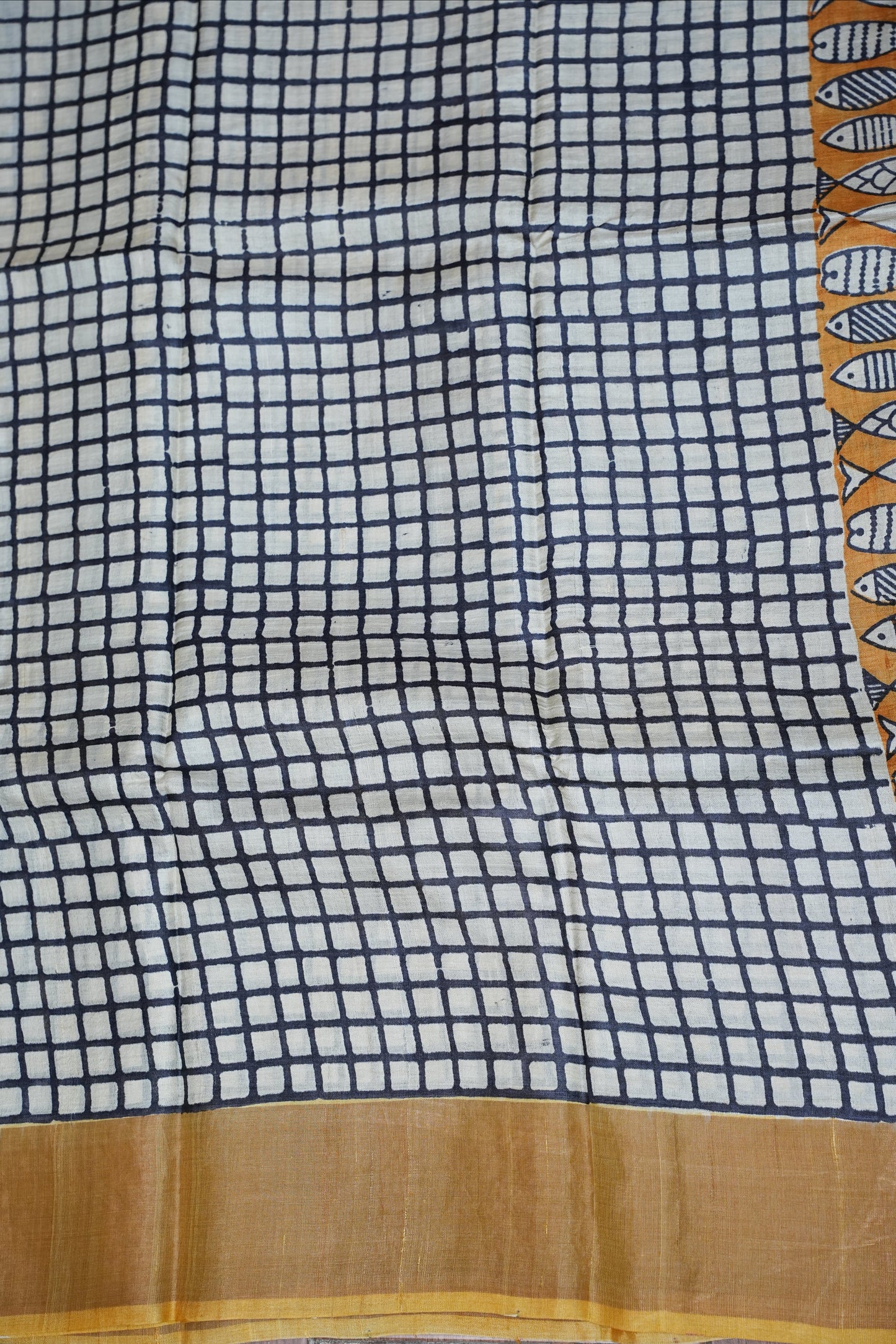 Silk Mark Certified Pure Tussar Silk Saree – Ivory Checks with Mustard Yellow Fish Motif Pallu