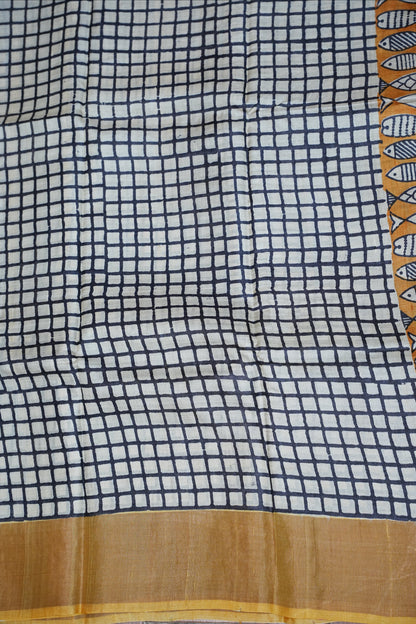 Silk Mark Certified Pure Tussar Silk Saree – Ivory Checks with Mustard Yellow Fish Motif Pallu