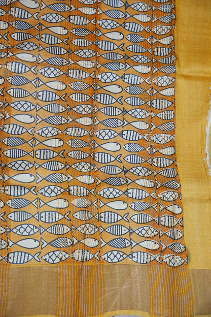 Silk Mark Certified Pure Tussar Silk Saree – Ivory Checks with Mustard Yellow Fish Motif Pallu