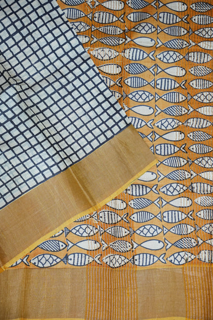 Silk Mark Certified Pure Tussar Silk Saree – Ivory Checks with Mustard Yellow Fish Motif Pallu