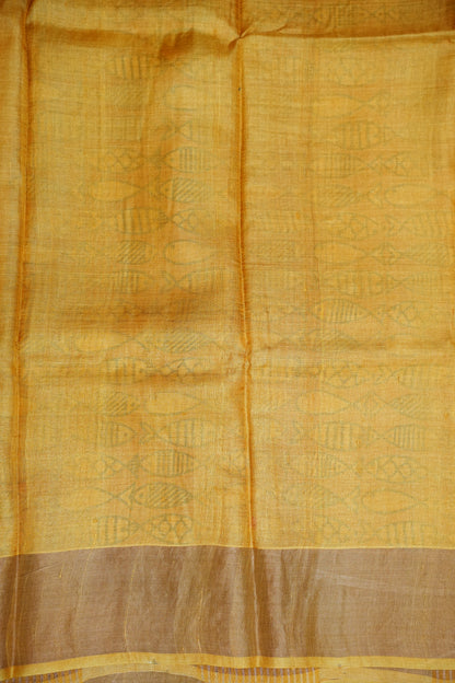 Silk Mark Certified Pure Tussar Silk Saree – Ivory Checks with Mustard Yellow Fish Motif Pallu