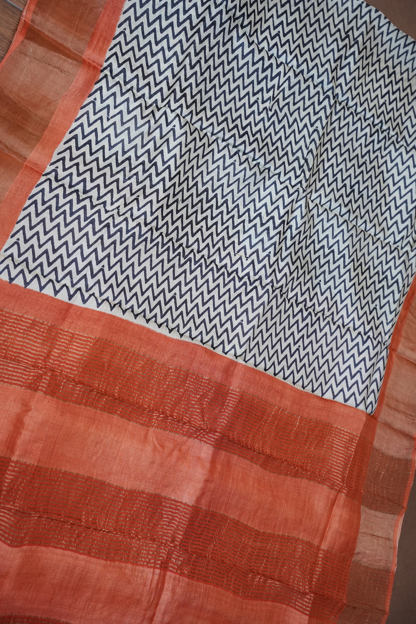 Silk Mark Certified Pure Tussar Silk Saree – Ivory Chevron Weave with Terracotta Orange Pallu