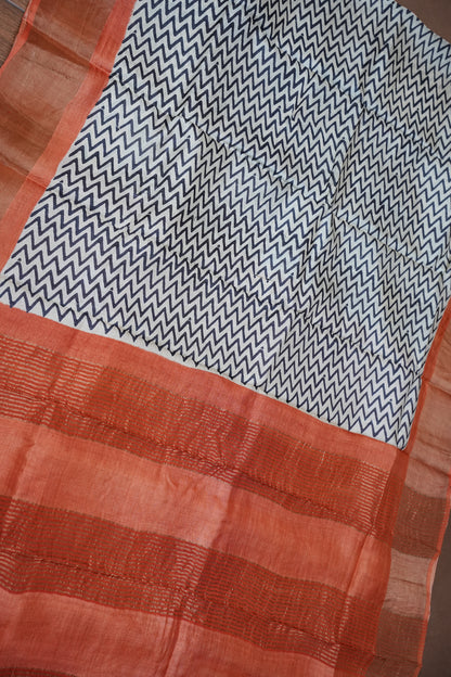 Silk Mark Certified Pure Tussar Silk Saree – Ivory Chevron Weave with Terracotta Orange Pallu