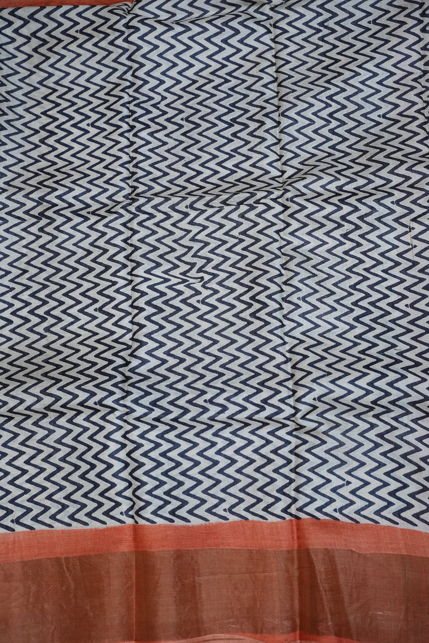 Silk Mark Certified Pure Tussar Silk Saree – Ivory Chevron Weave with Terracotta Orange Pallu