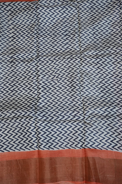 Silk Mark Certified Pure Tussar Silk Saree – Ivory Chevron Weave with Terracotta Orange Pallu