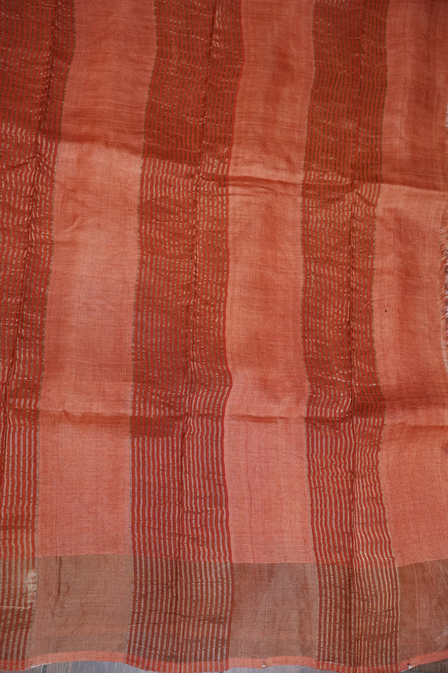 Silk Mark Certified Pure Tussar Silk Saree – Ivory Chevron Weave with Terracotta Orange Pallu