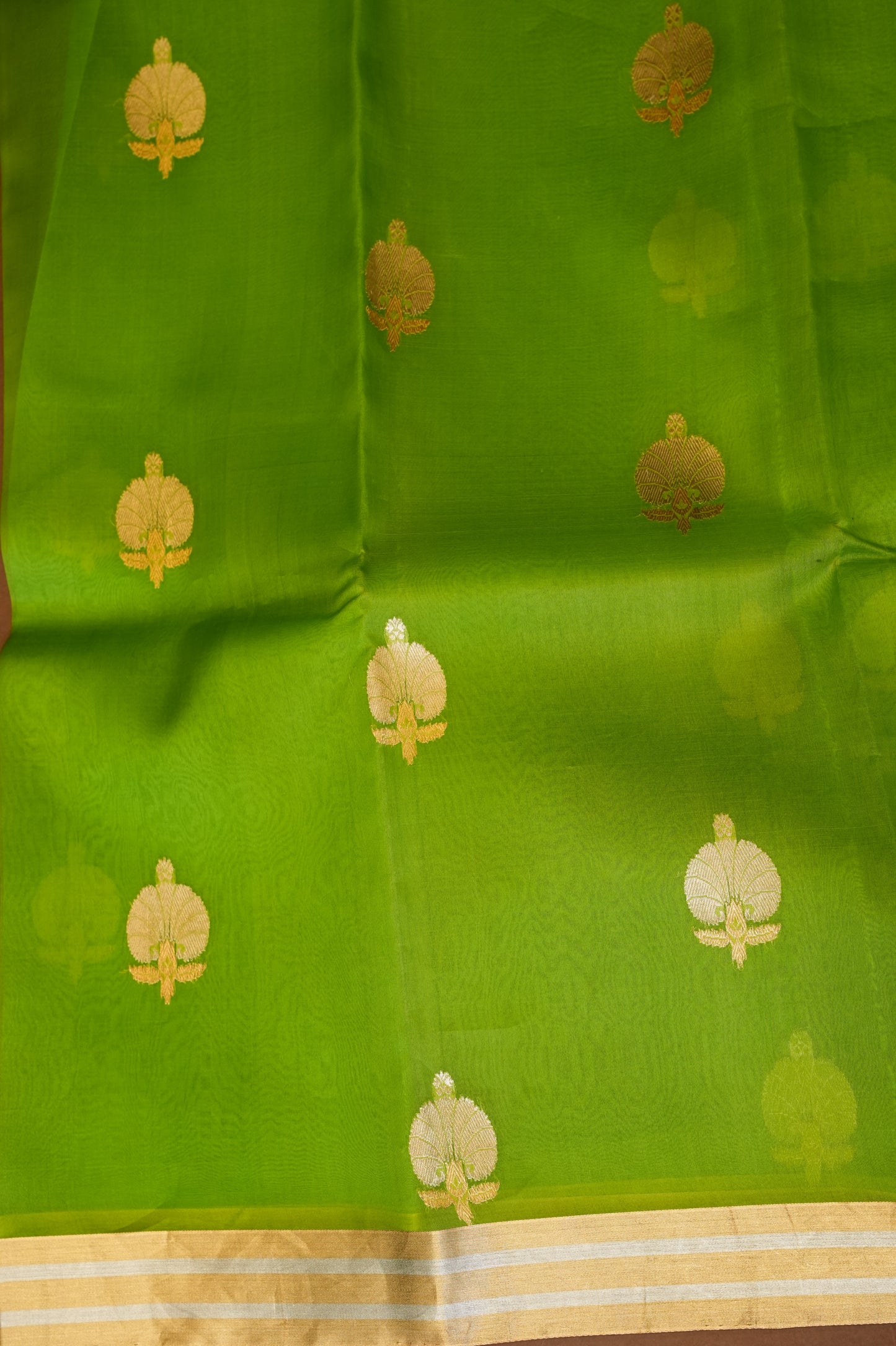 Pure Banarasi Organza(Kora) Silk Handloom Saree with Gold Zari Buttas & Border – Parrot Green | Silk Mark Certified