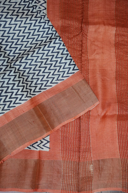 Silk Mark Certified Pure Tussar Silk Saree – Ivory Chevron Weave with Terracotta Orange Pallu