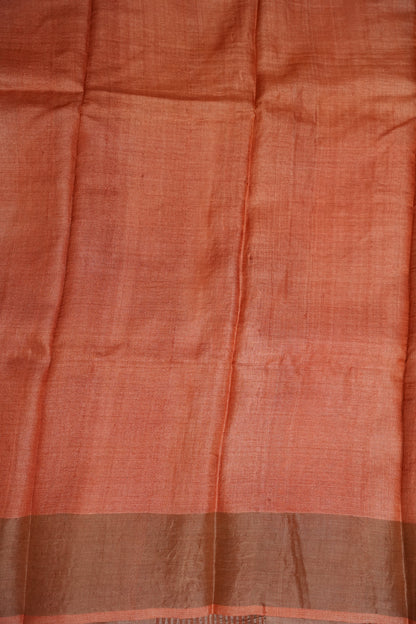 Silk Mark Certified Pure Tussar Silk Saree – Ivory Chevron Weave with Terracotta Orange Pallu