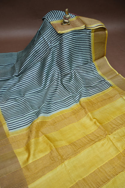 Silk Mark Certified Pure Tussar Silk Saree – Indigo Stripes with Mustard Yellow Pallu