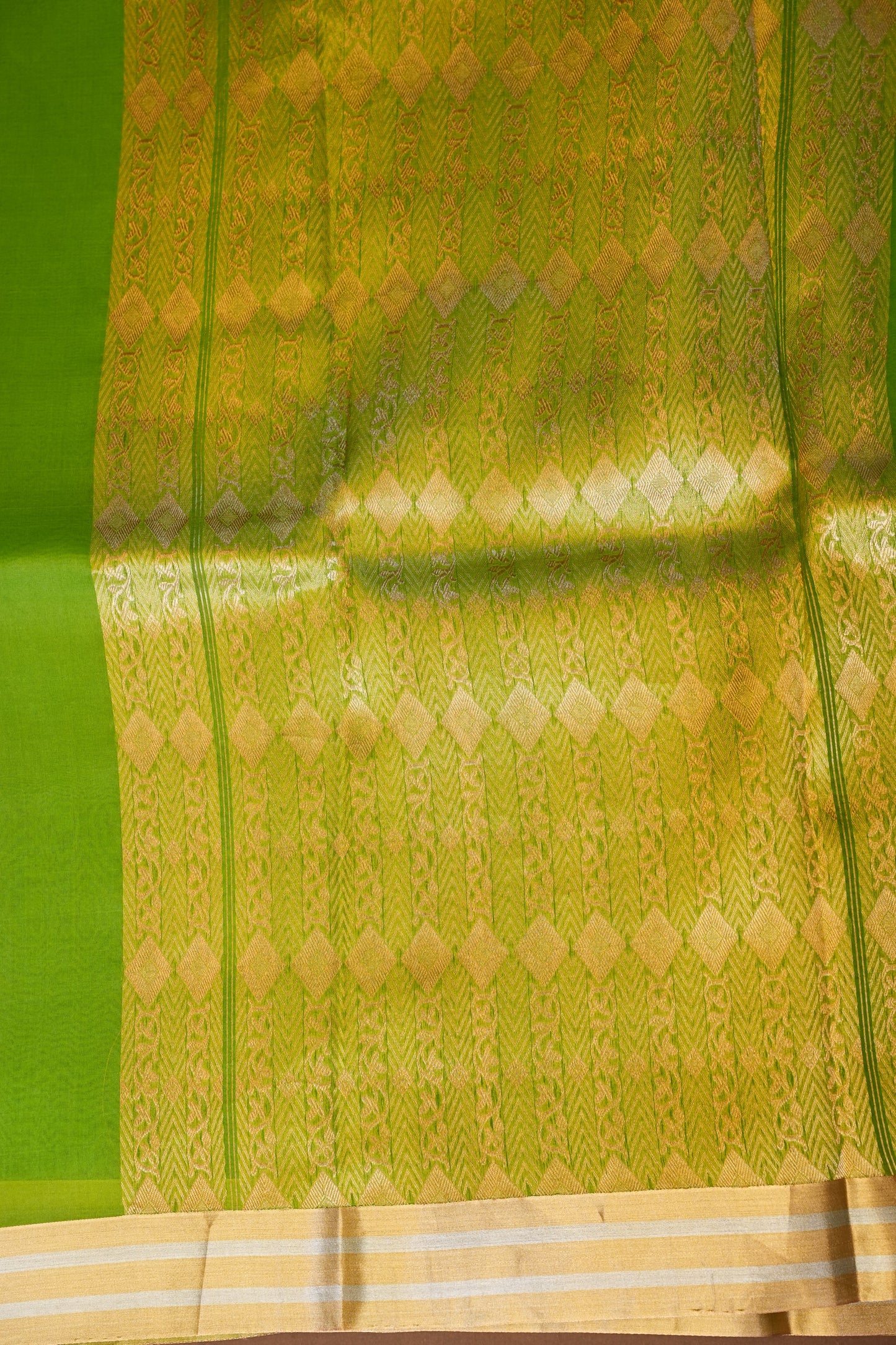 Pure Banarasi Organza(Kora) Silk Handloom Saree with Gold Zari Buttas & Border – Parrot Green | Silk Mark Certified