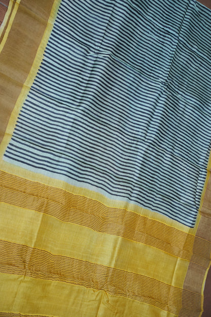 Silk Mark Certified Pure Tussar Silk Saree – Indigo Stripes with Mustard Yellow Pallu