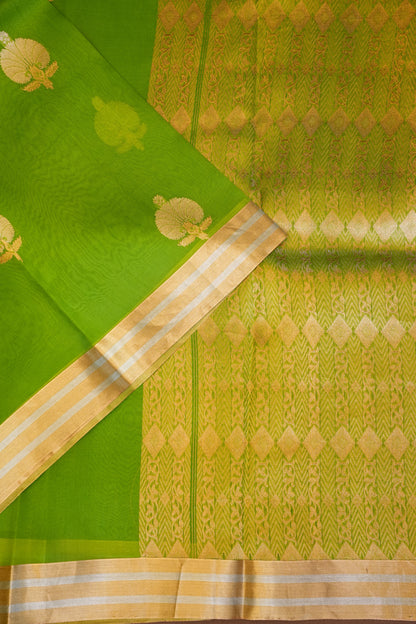 Pure Banarasi Organza(Kora) Silk Handloom Saree with Gold Zari Buttas & Border – Parrot Green | Silk Mark Certified