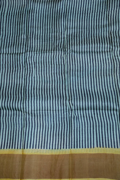 Silk Mark Certified Pure Tussar Silk Saree – Indigo Stripes with Mustard Yellow Pallu