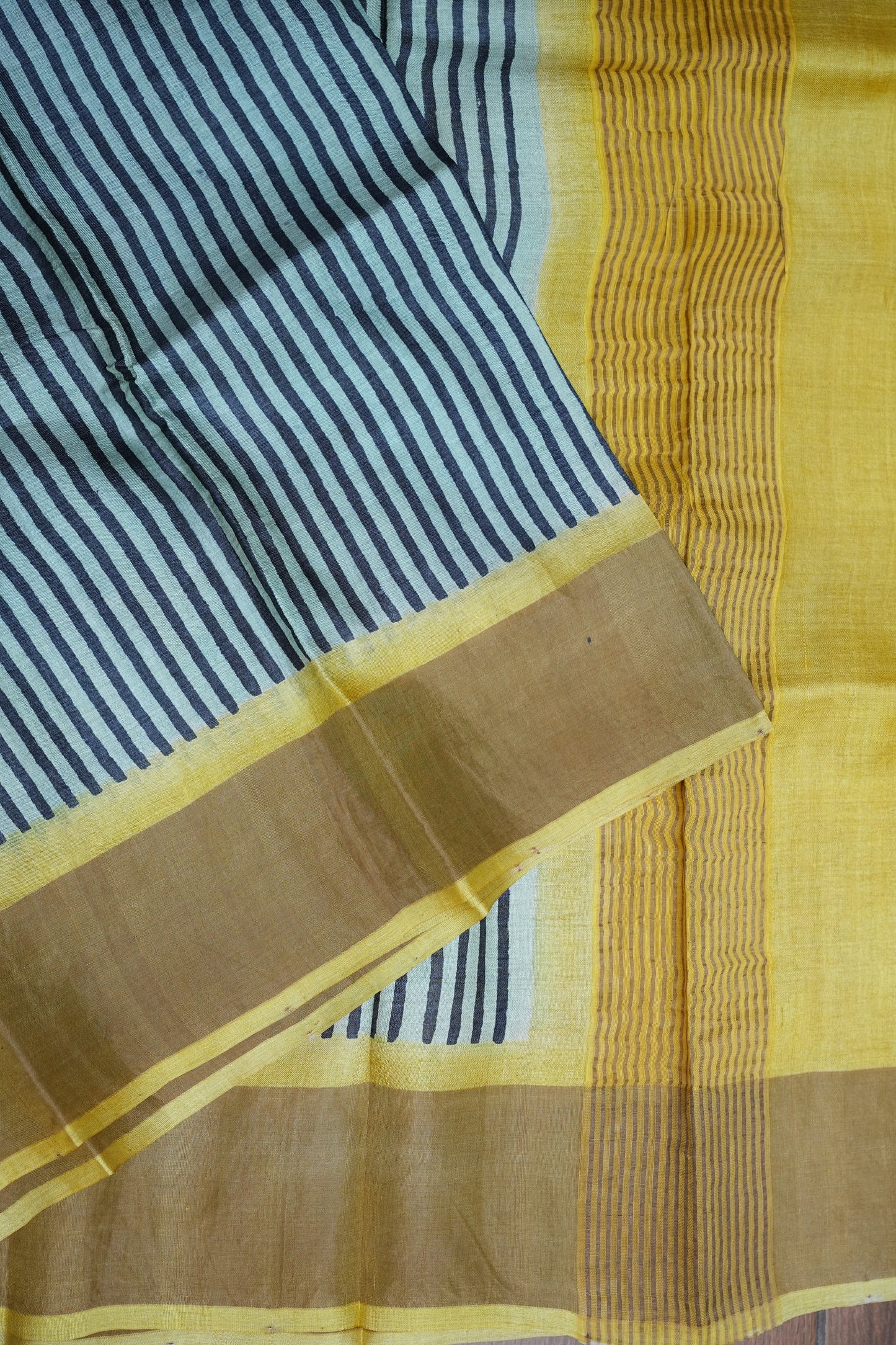 Silk Mark Certified Pure Tussar Silk Saree – Indigo Stripes with Mustard Yellow Pallu