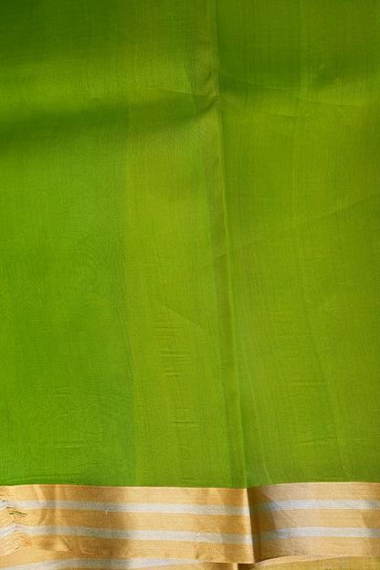 Pure Banarasi Organza(Kora) Silk Handloom Saree with Gold Zari Buttas & Border – Parrot Green | Silk Mark Certified