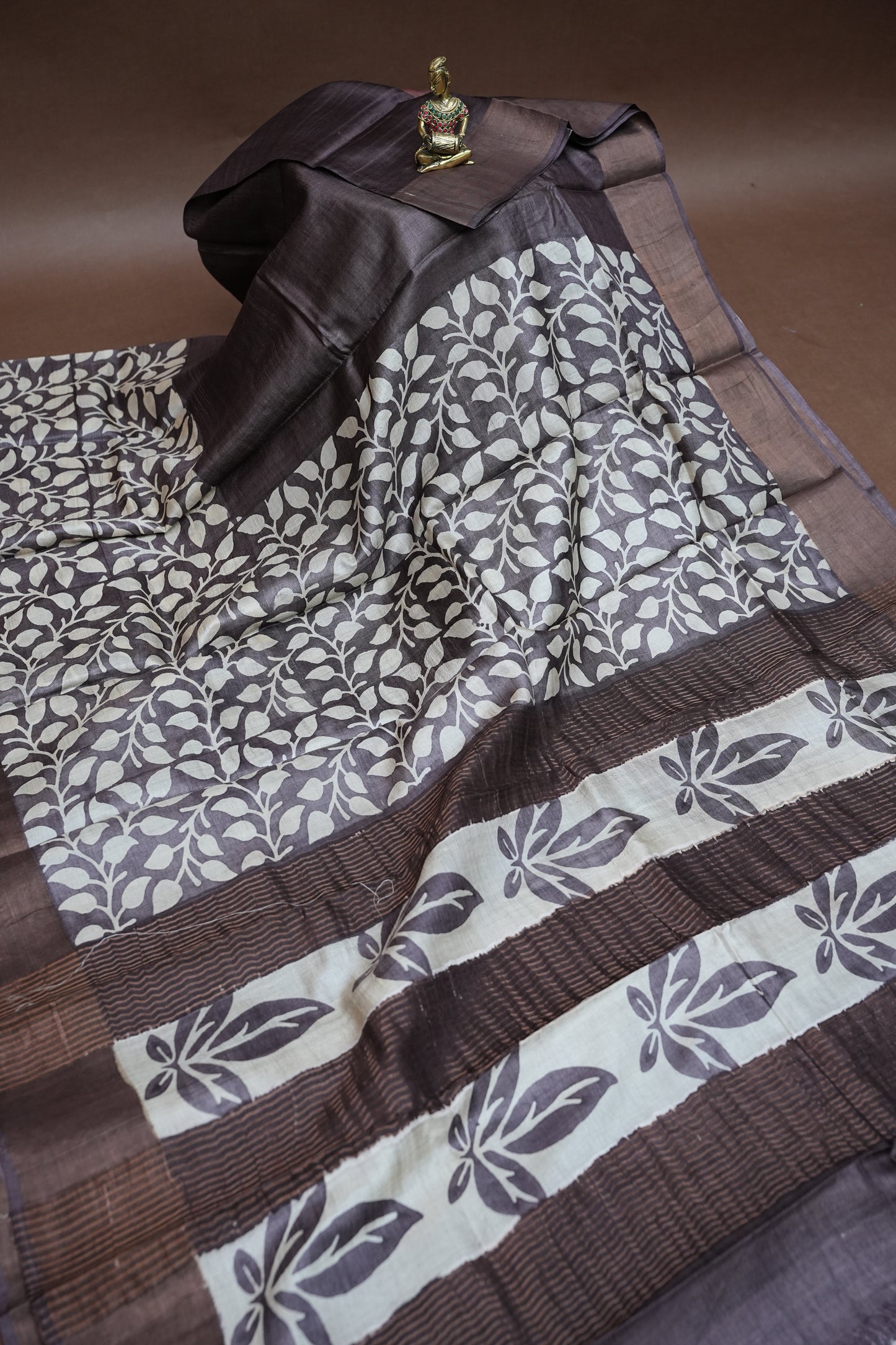 Silk Mark Certified Pure Tussar Silk Saree – Charcoal Grey with Silver Leaf Vine Motifs