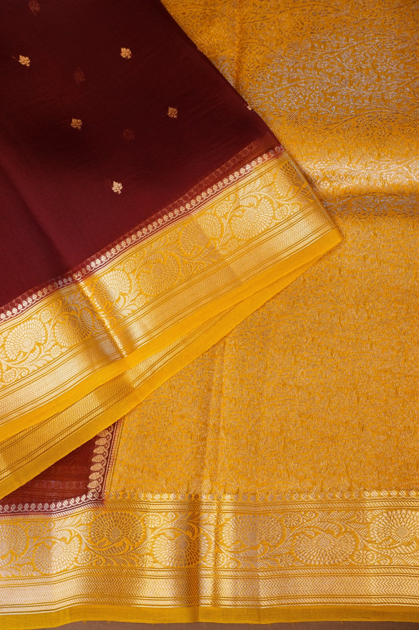 Pure Banarasi Organza (Kora) Silk Handloom Saree with Antique Gold Zari Buttas & Border – Maroon & Mustard | Silk Mark Certified