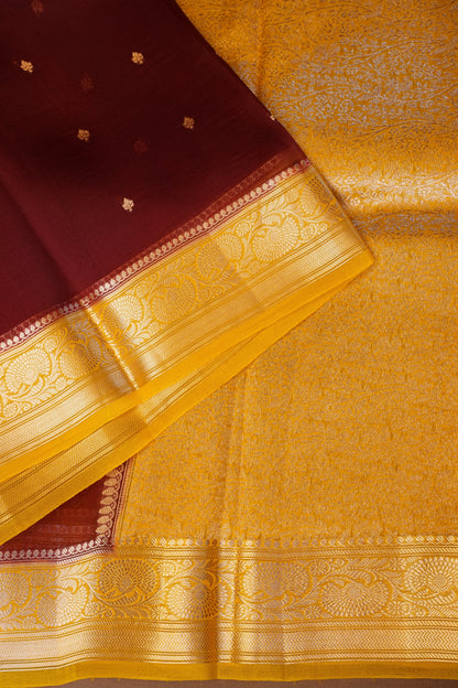 Pure Banarasi Organza (Kora) Silk Handloom Saree with Antique Gold Zari Buttas & Border – Maroon & Mustard | Silk Mark Certified