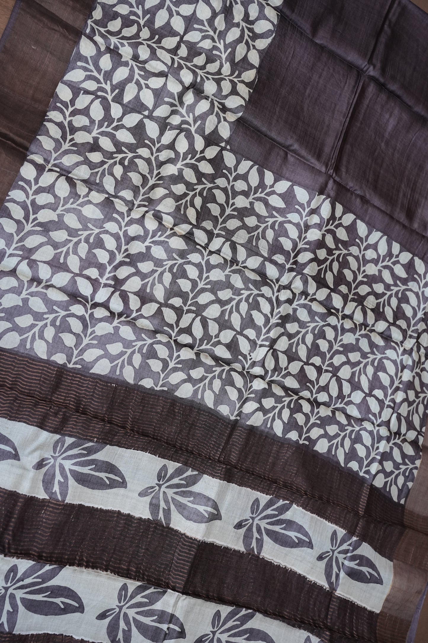 Silk Mark Certified Pure Tussar Silk Saree – Charcoal Grey with Silver Leaf Vine Motifs