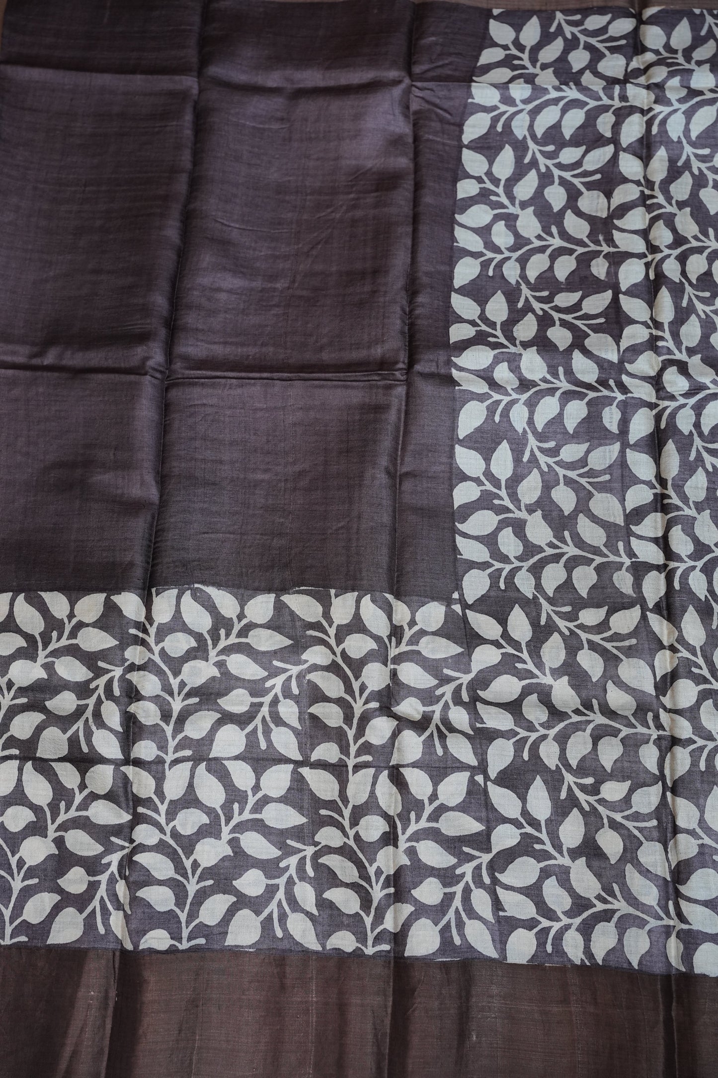 Silk Mark Certified Pure Tussar Silk Saree – Charcoal Grey with Silver Leaf Vine Motifs