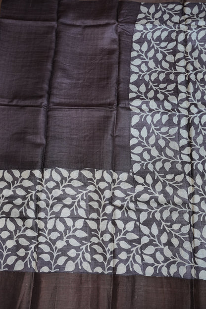 Silk Mark Certified Pure Tussar Silk Saree – Charcoal Grey with Silver Leaf Vine Motifs