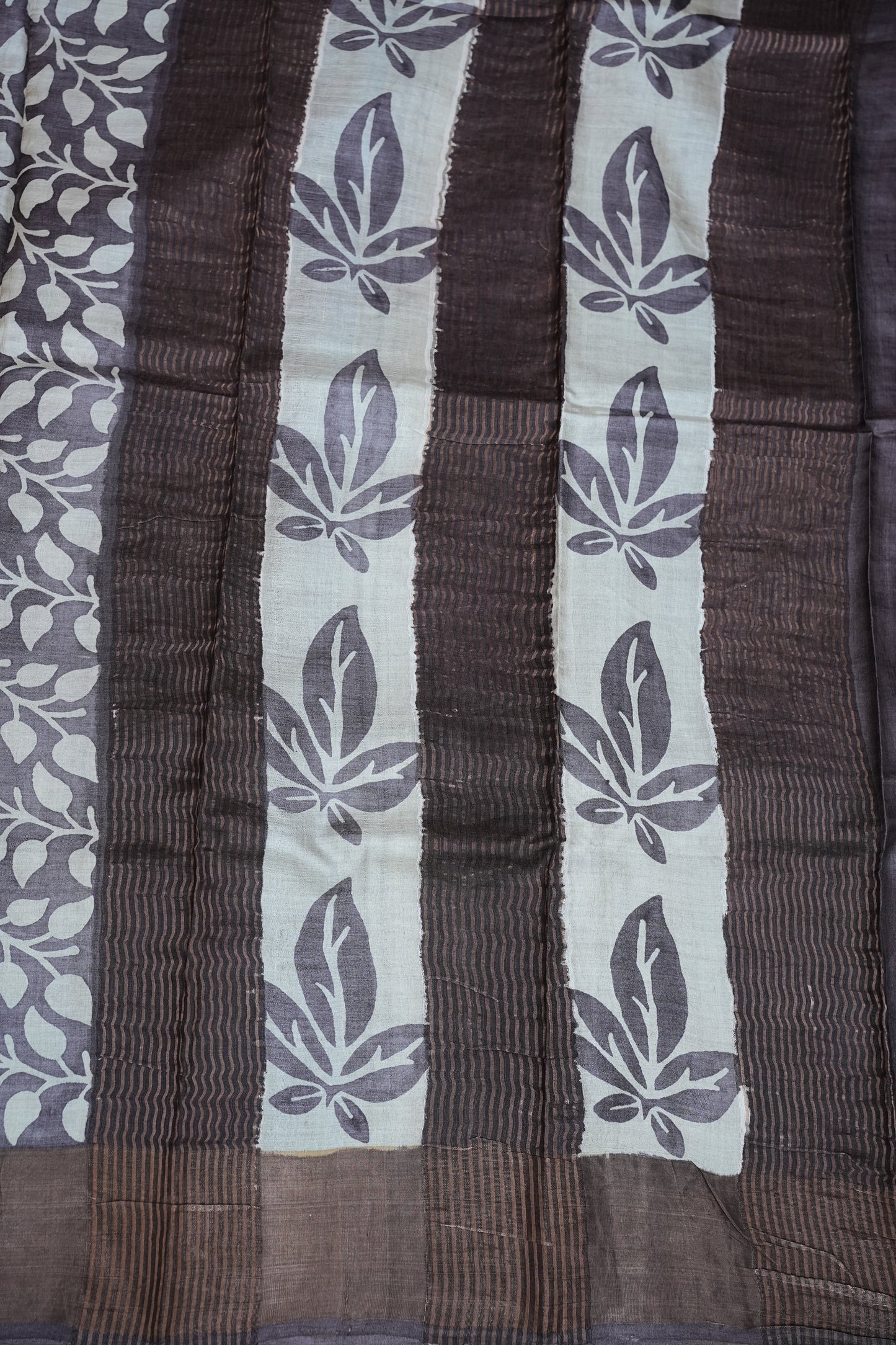Silk Mark Certified Pure Tussar Silk Saree – Charcoal Grey with Silver Leaf Vine Motifs