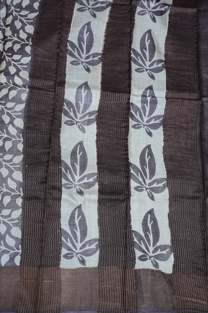 Silk Mark Certified Pure Tussar Silk Saree – Charcoal Grey with Silver Leaf Vine Motifs
