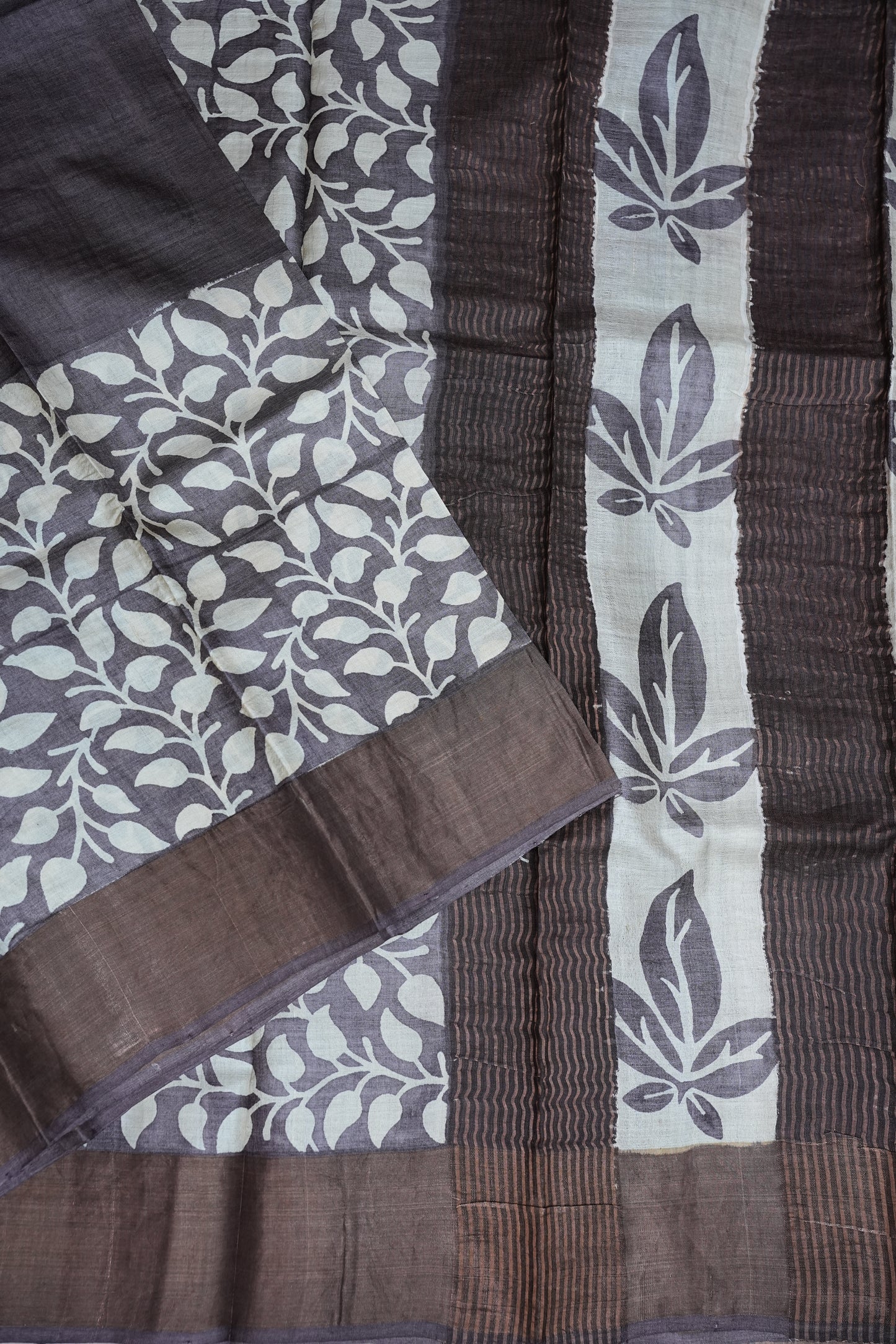 Silk Mark Certified Pure Tussar Silk Saree – Charcoal Grey with Silver Leaf Vine Motifs