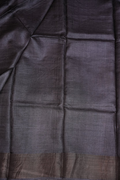 Silk Mark Certified Pure Tussar Silk Saree – Charcoal Grey with Silver Leaf Vine Motifs