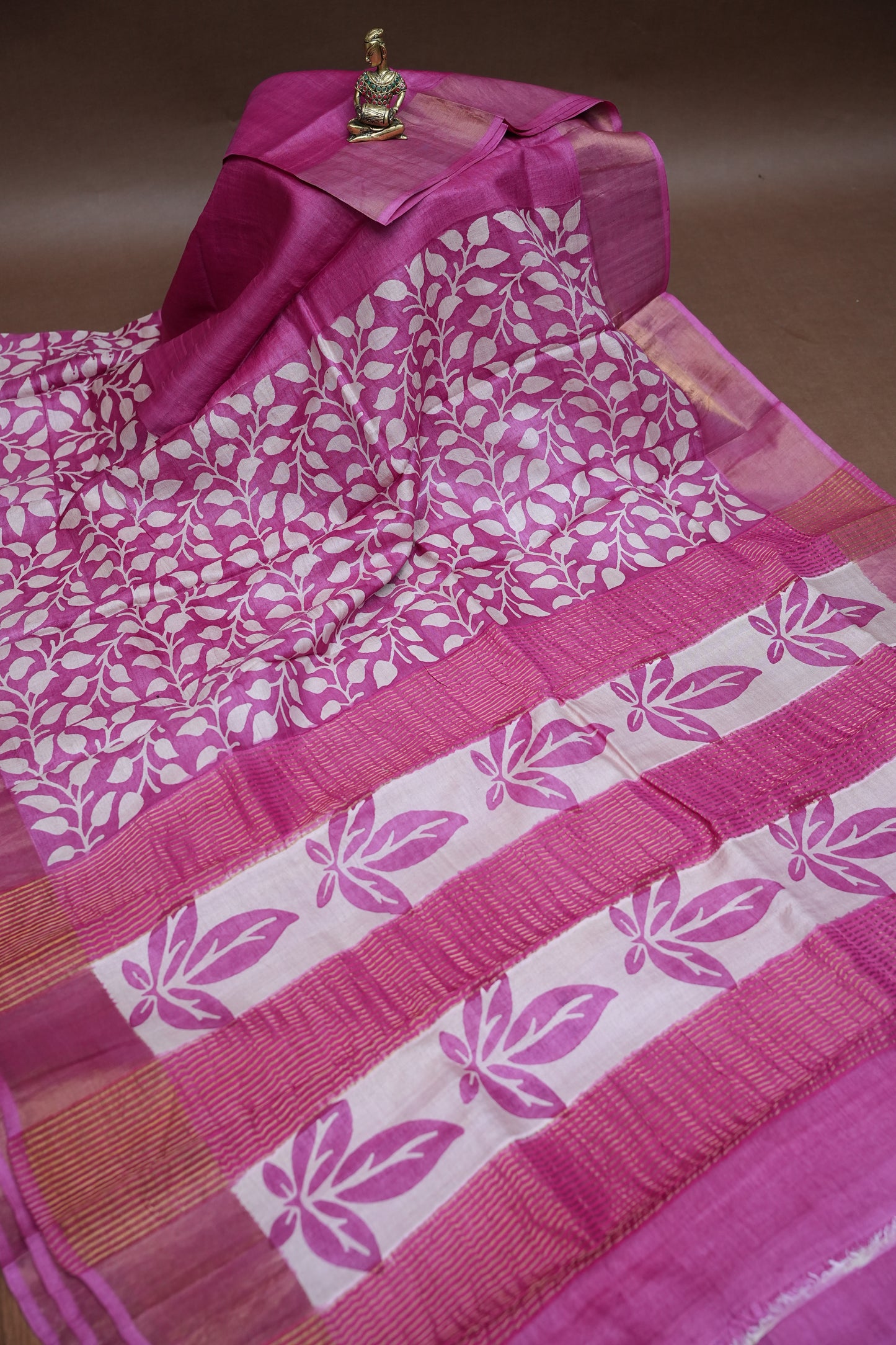 Silk Mark Certified Pure Tussar Silk Saree – Magenta Pink with Silver Leaf Vine Motifs