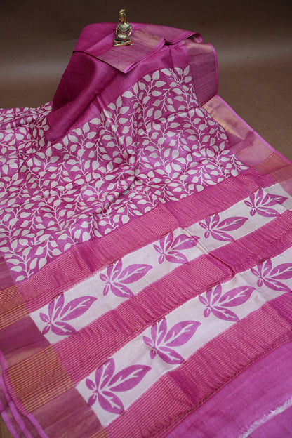 Silk Mark Certified Pure Tussar Silk Saree – Magenta Pink with Silver Leaf Vine Motifs